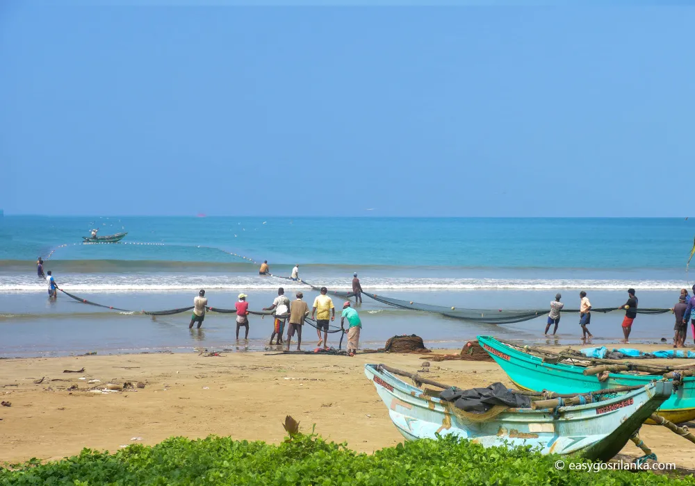 A group of fishermen pulling a net ashore
